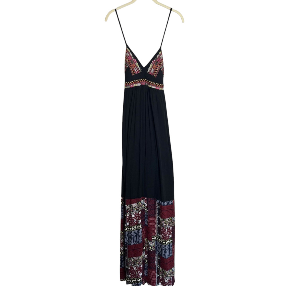 Entro Embroidered Maxi Dress Spaghetti Strap Criss Cross Back Large Black Multi